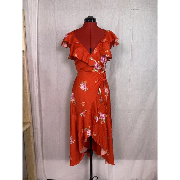 Altar'd State Women's Red Floral Satin Maxi Dress XS V-Neck High Low *read E108 - Picture 1 of 14
